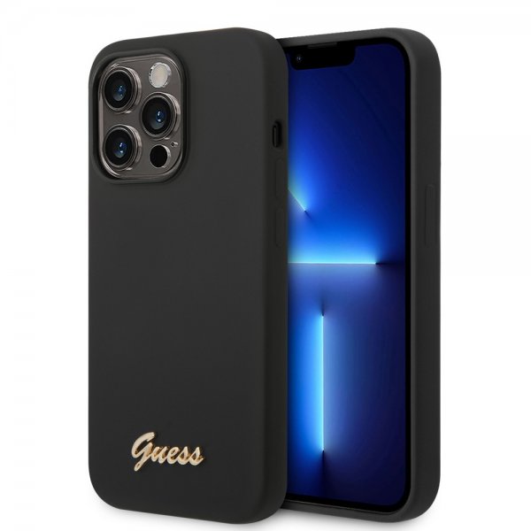 Guess iPhone 14 Pro Cover Flydende Silikone Metallogo Sort