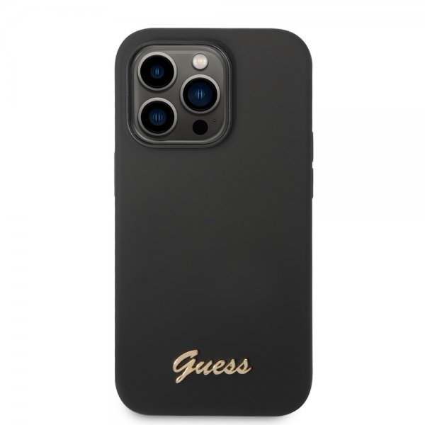 Guess iPhone 14 Pro Cover Flydende Silikone Metallogo Sort