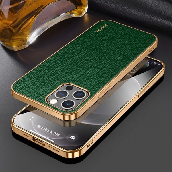 Sulada iPhone 14 Pro Cover Litchimønster Plateret Kant Grøn