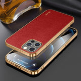 Sulada iPhone 14 Pro Cover Litchi-mønster Forgyldt Kant Rød