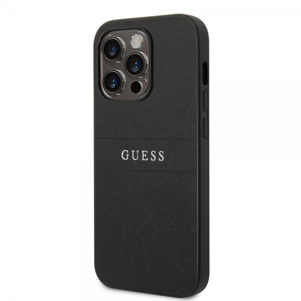 Guess iPhone 14 Pro Cover Saffiano Metal Logo Stripes Sort