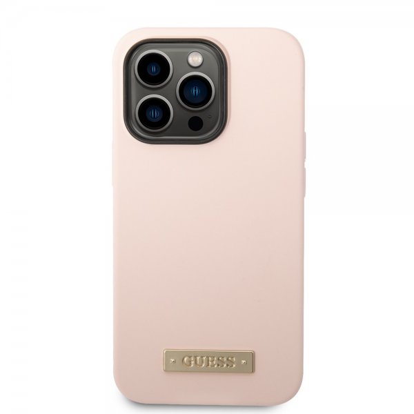 Guess iPhone 14 Pro Cover Silicone Metal Plate MagSafe Pink