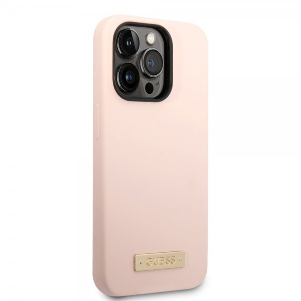 Guess iPhone 14 Pro Cover Silicone Metal Plate MagSafe Pink