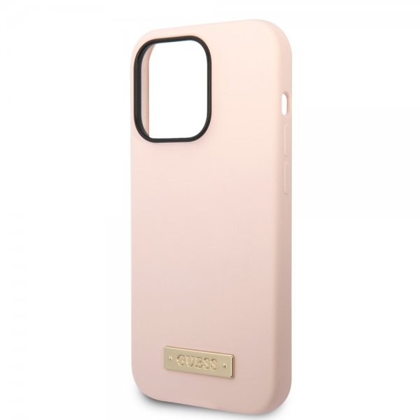 Guess iPhone 14 Pro Cover Silicone Metal Plate MagSafe Pink