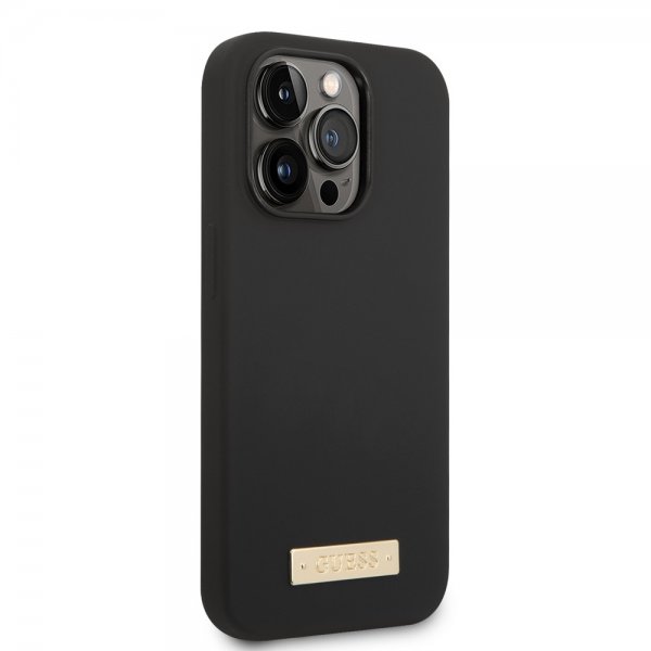 Guess iPhone 14 Pro Cover Silikone Metalplade MagSafe Sort