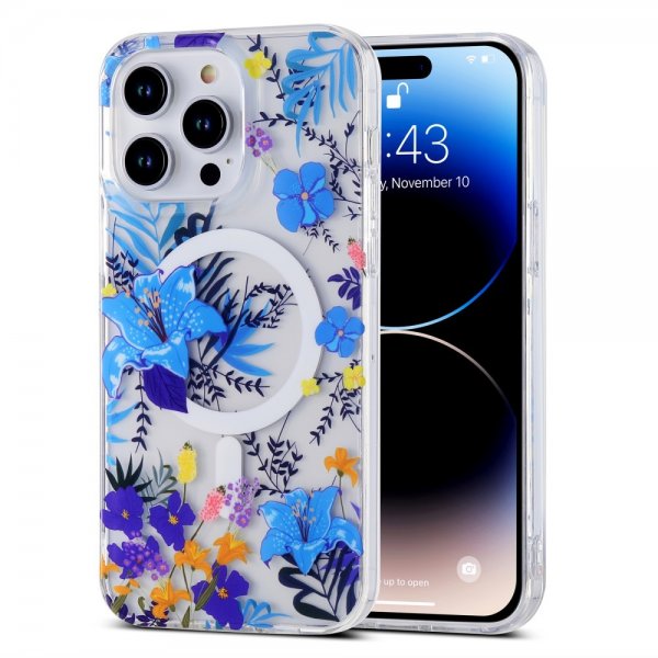iPhone 14 Pro Cover Spring Series MagSafe Blå Blomster