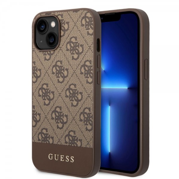 Guess iPhone 14 Cover Bottom Stripe Metal Logo Brun