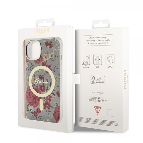 Guess iPhone 14 Cover Flower MagSafe Kaki