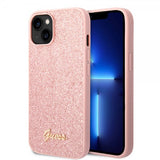 Guess iPhone 14 Cover Glitter Flakes Metal Logo Rosa