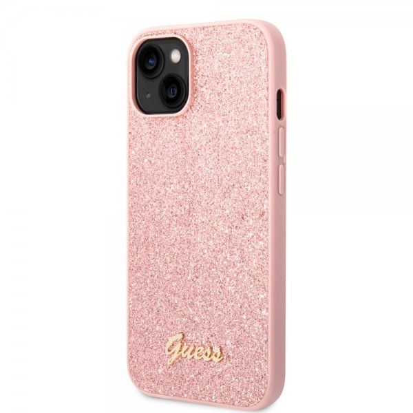 Guess iPhone 14 Cover Glitter Flakes Metal Logo Rosa