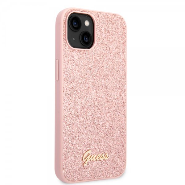 Guess iPhone 14 Cover Glitter Flakes Metal Logo Rosa