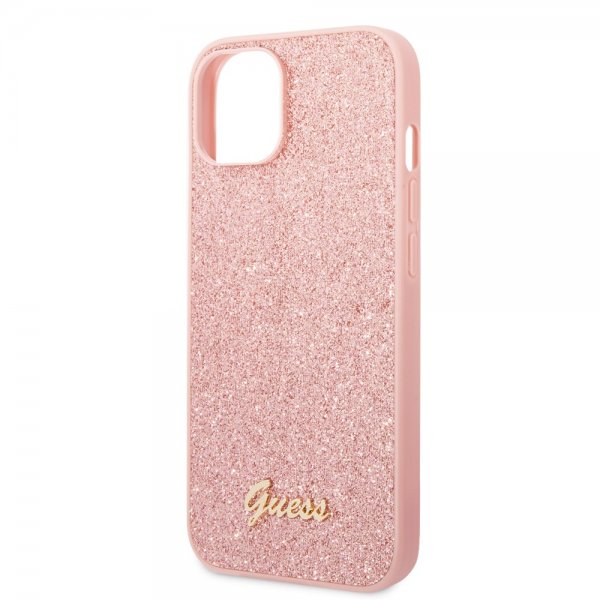 Guess iPhone 14 Cover Glitter Flakes Metal Logo Rosa