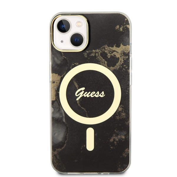 Guess iPhone 14 Cover Golden Marble MagSafe Sort