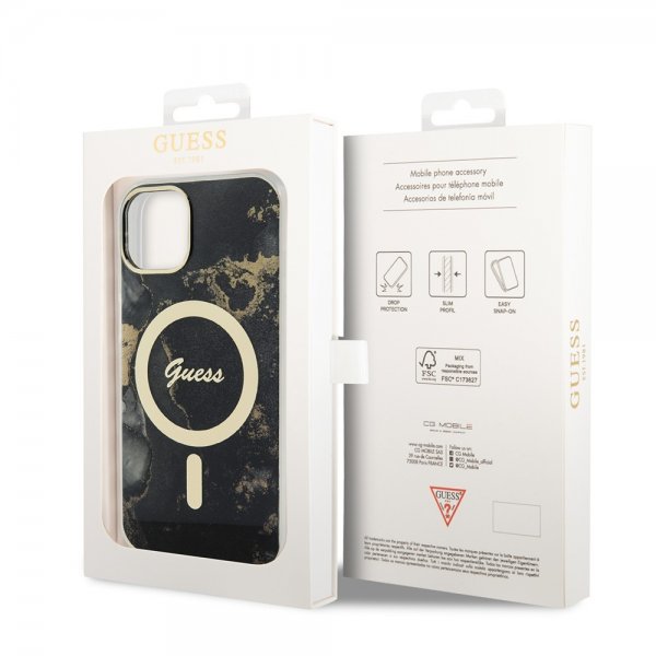 Guess iPhone 14 Cover Golden Marble MagSafe Sort
