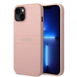 Guess iPhone 14 Cover Saffiano Metal Logo Stripes Rosa
