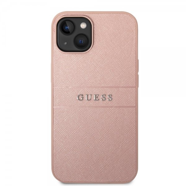 Guess iPhone 14 Cover Saffiano Metal Logo Stripes Rosa