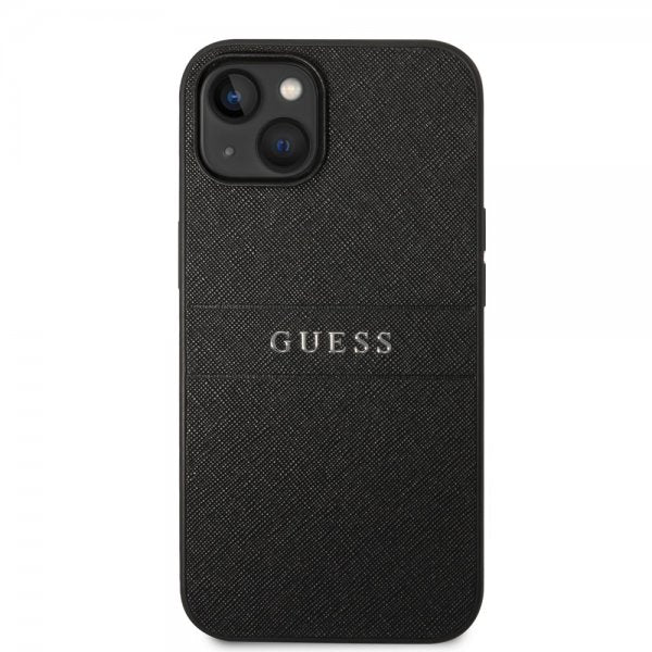 Guess iPhone 14 Cover Saffiano Metal Logo Stripes Sort