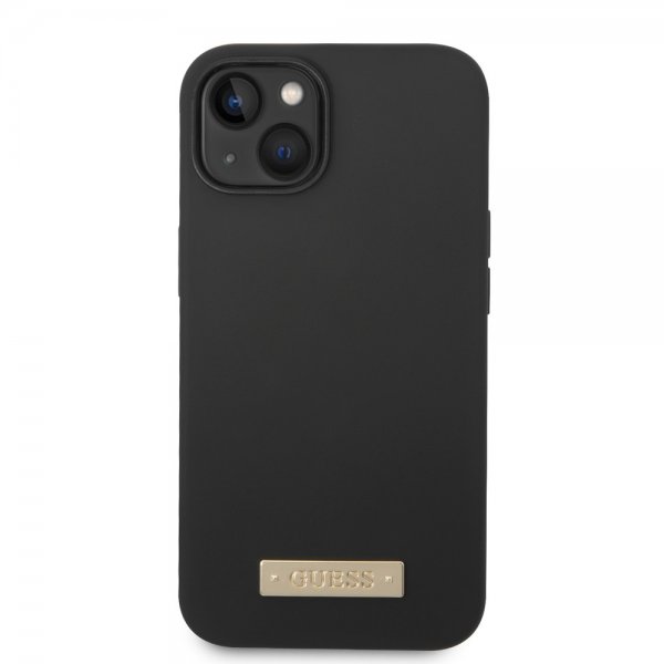Guess iPhone 14 Skal Silikone Metalplade MagSafe Sort