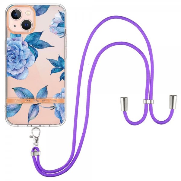 iPhone 15 Plus Cover Blomstermønster med Rem Blå Pæon