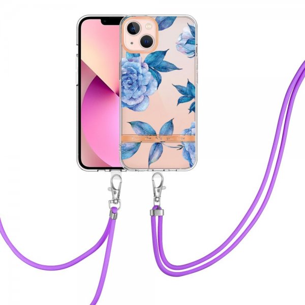 iPhone 15 Plus Cover Blomstermønster med Rem Blå Pæon