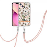 iPhone 15 Plus Cover Blomstermønster med Rem Grøn Gardenia