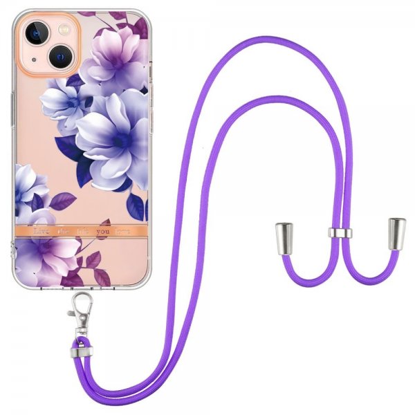 iPhone 15 Plus Cover Blomstermønster med Strap Lilla Begonia
