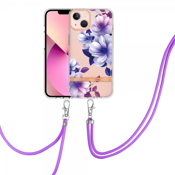 iPhone 15 Plus Cover Blomstermønster med Strap Lilla Begonia