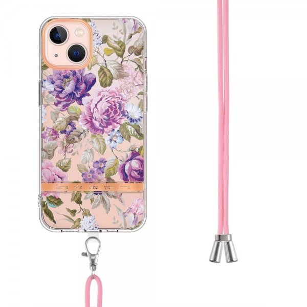 iPhone 15 Plus Cover Blomstermønster med Rem Lilla Pæon