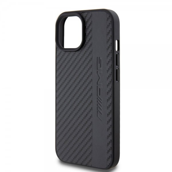 Mercedes Benz iPhone 15 Plus Cover Carbon Effect Læderstribe AMG Sort