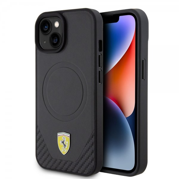 Ferrari iPhone 15 Plus Cover Carbon PU Læder MagSafe Sort