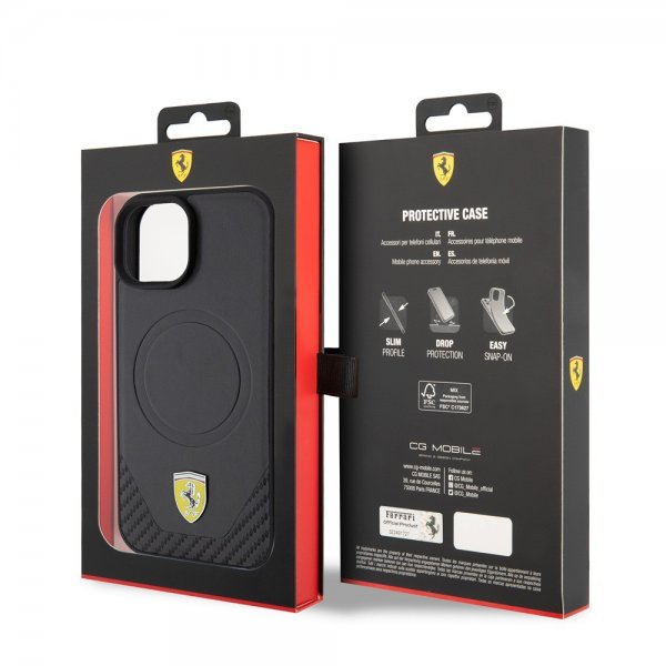 Ferrari iPhone 15 Plus Cover Carbon PU Læder MagSafe Sort
