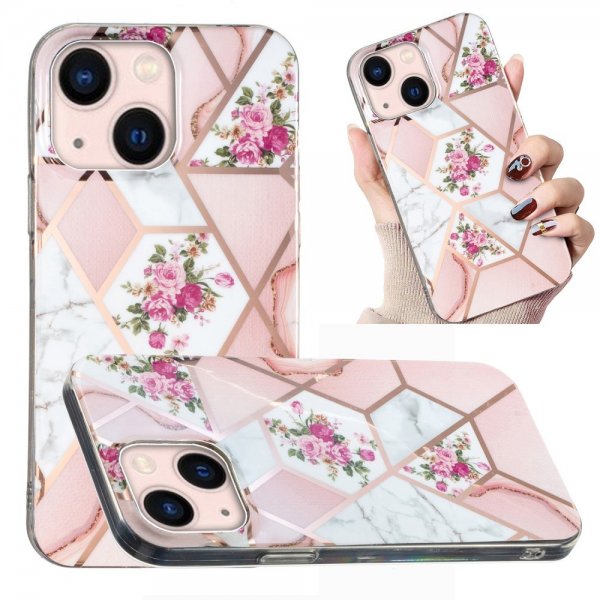 iPhone 15 Plus Cover Marmormønster Blomster Rosa
