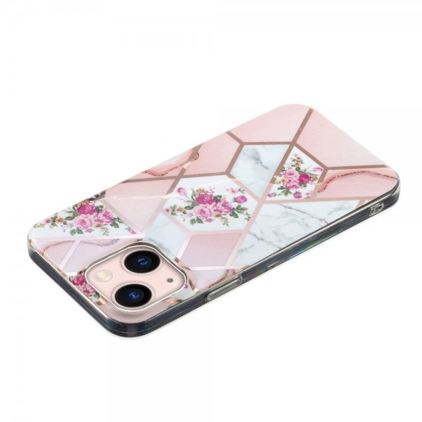 iPhone 15 Plus Cover Marmormønster Blomster Rosa