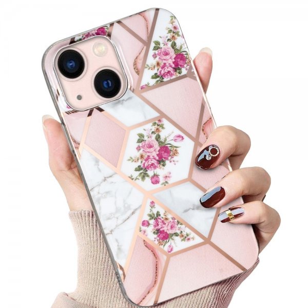 iPhone 15 Plus Cover Marmormønster Blomster Rosa