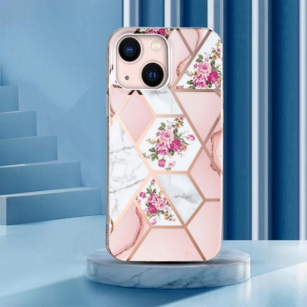 iPhone 15 Plus Cover Marmormønster Blomster Rosa