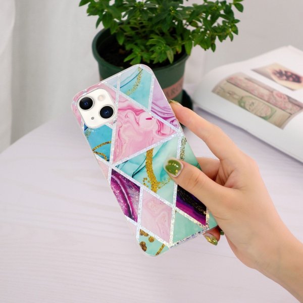 iPhone 15 Plus Cover Marmormønster Grøn Lilla