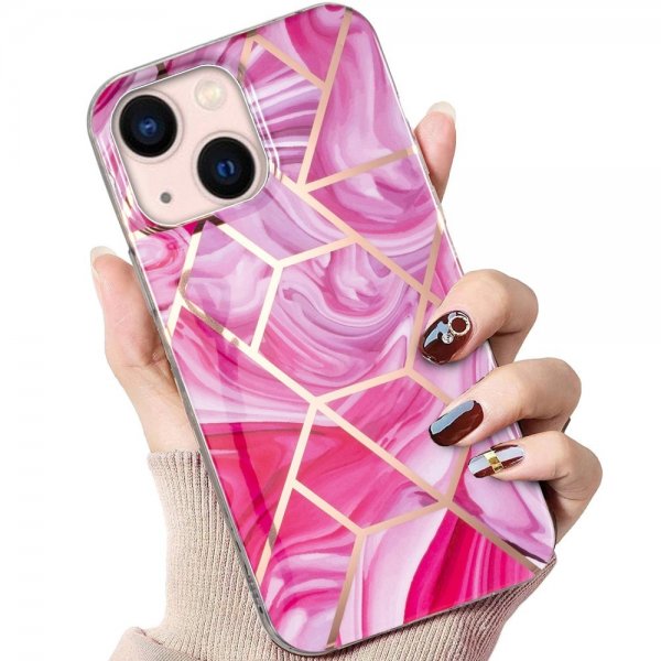 iPhone 15 Plus Cover Marmormønster Rosa Rød