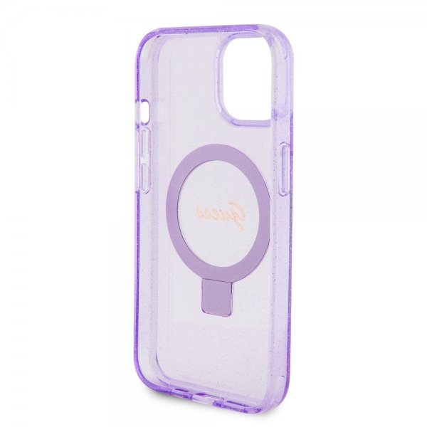 Guess iPhone 15 Plus Cover Ring Stand Glitter MagSafe Lilla