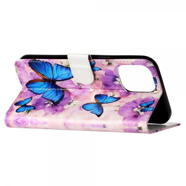 iPhone 15 Pro Cover Motiv Lilla Blomster Blå Sommerfugle