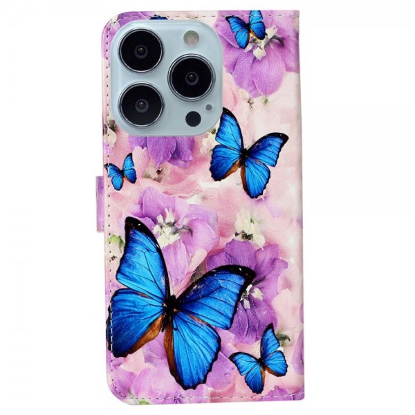 iPhone 15 Pro Cover Motiv Lilla Blomster Blå Sommerfugle