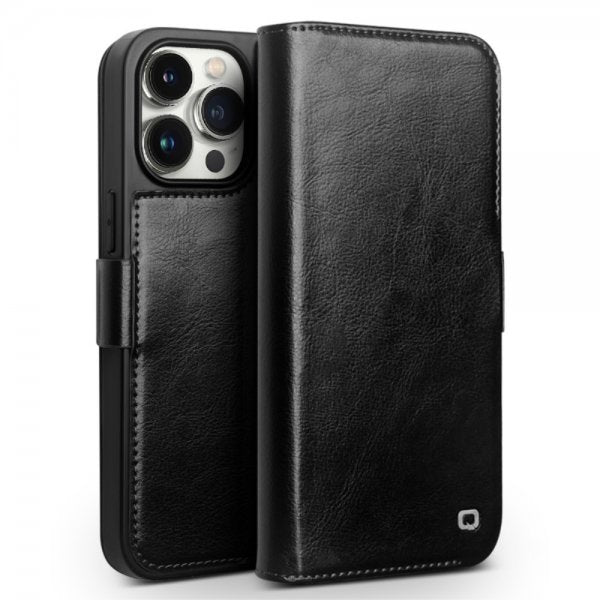 Qialino iPhone 15 Pro Max Etui Ægte Læder Sort