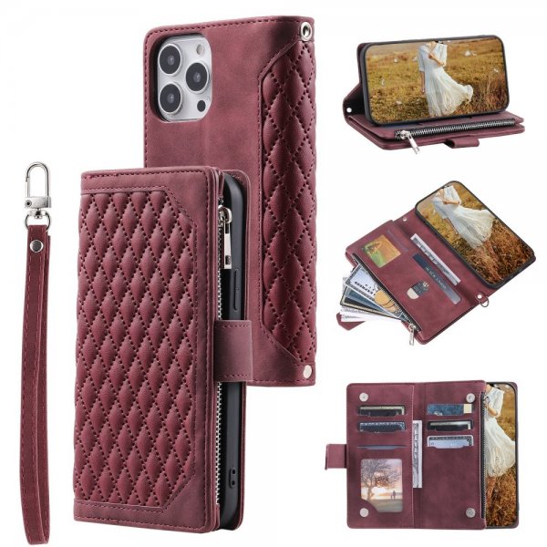 iPhone 15 Pro Max Etui Diamantmønster Lynlås Rød