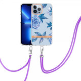 iPhone 15 Pro Max Cover Blomstret mønster med rem Blå Pæon
