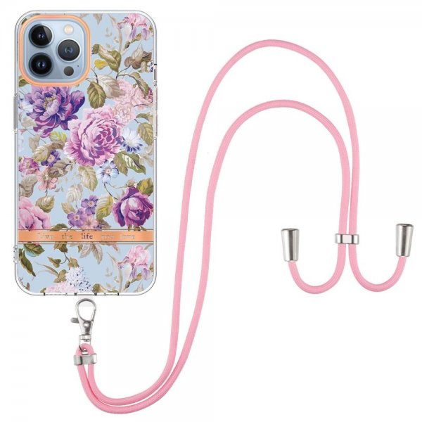 iPhone 15 Pro Max Cover Blomstermønster med Rem Lilla Pæon