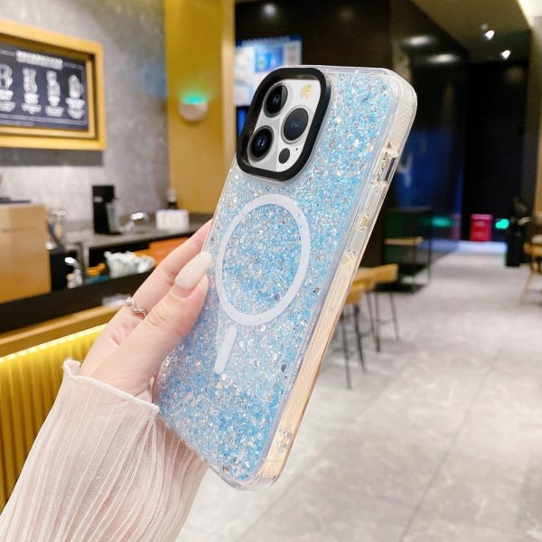 iPhone 15 Pro Max Cover Glitter MagSafe Blå