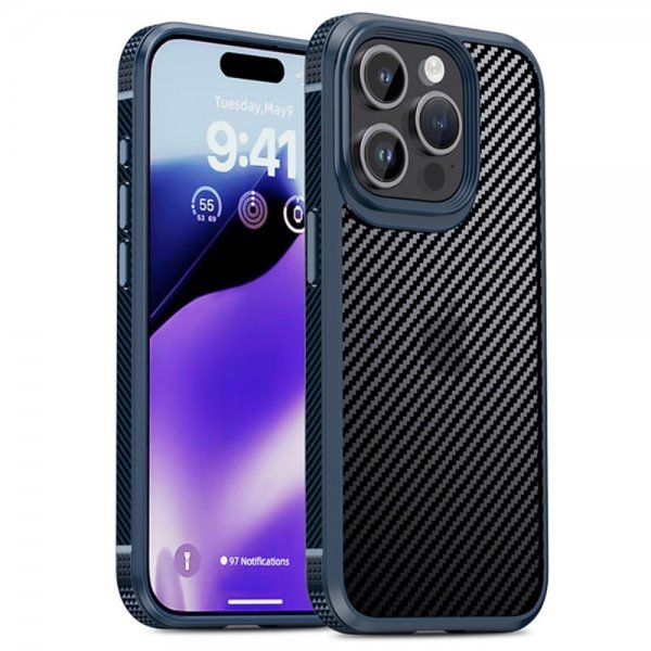 Ipaky iPhone 15 Pro Max Cover Kulfibermønster Blå