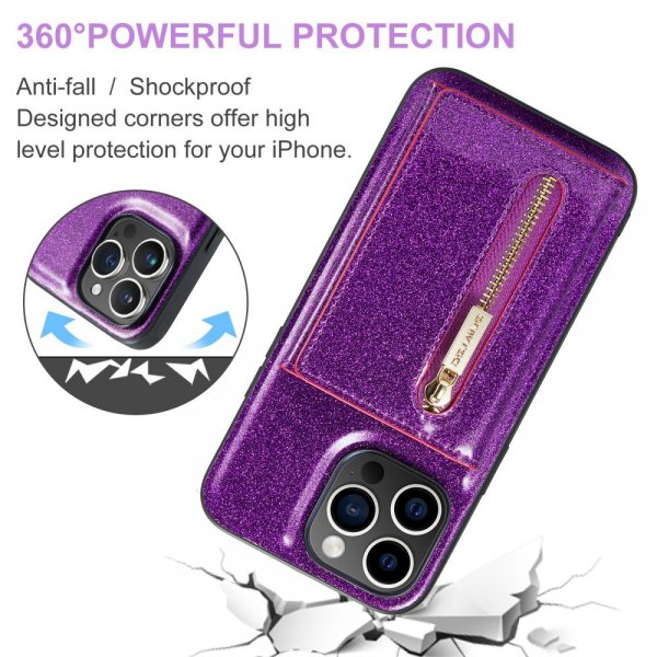 Dg.Ming iPhone 15 Pro Max Cover M3 Series Aftagelig Kortholder Glitter Lilla