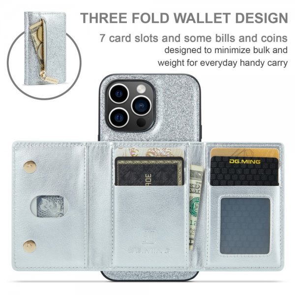 Dg.Ming iPhone 15 Pro Max Cover M3 Series Aftagelig Kortholder Glitter Sølv
