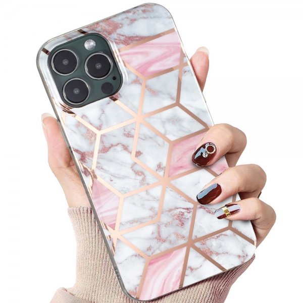 iPhone 15 Pro Max Cover Marmormønster Hvid Lyserød