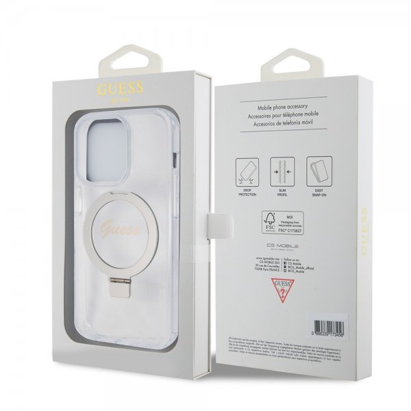 Guess iPhone 15 Pro Max Cover Ring Stand Glitter MagSafe Transparent